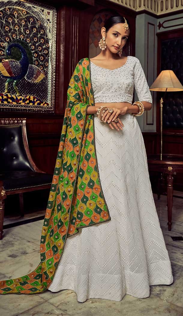 Thread Work Georgette Traditional Wear Designer Lehenaga in White -6692171515