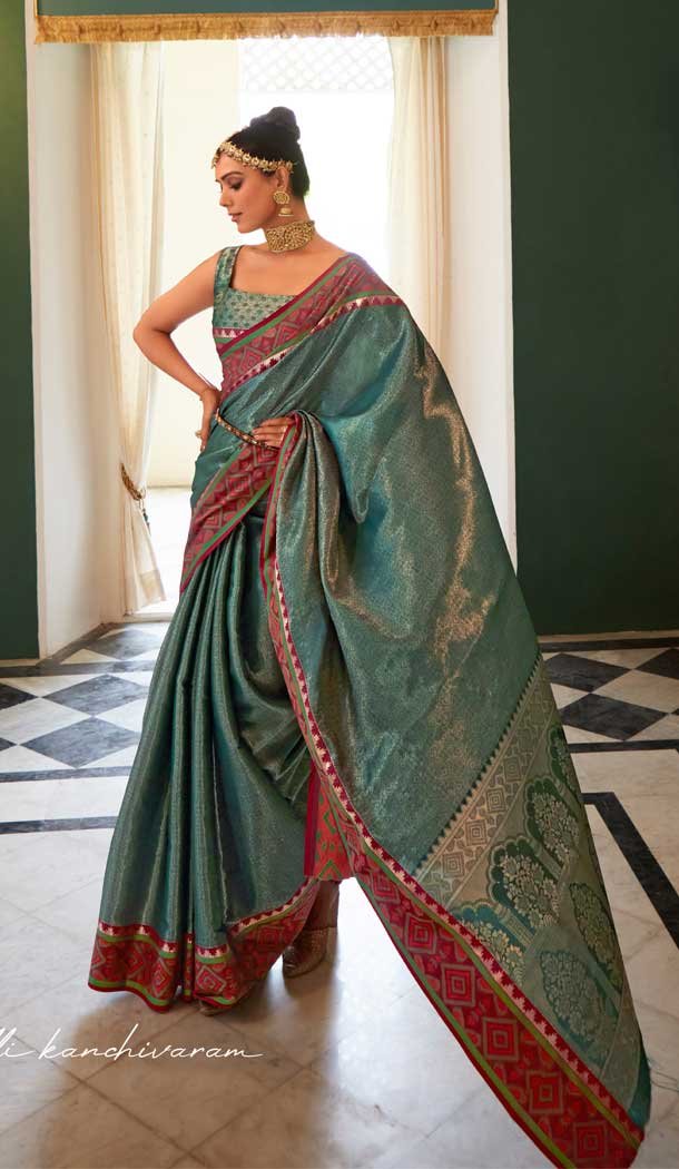 Kanchivaram Silk Jacquard Work Party Wear Saree Blouse in Teal Green -6728171811