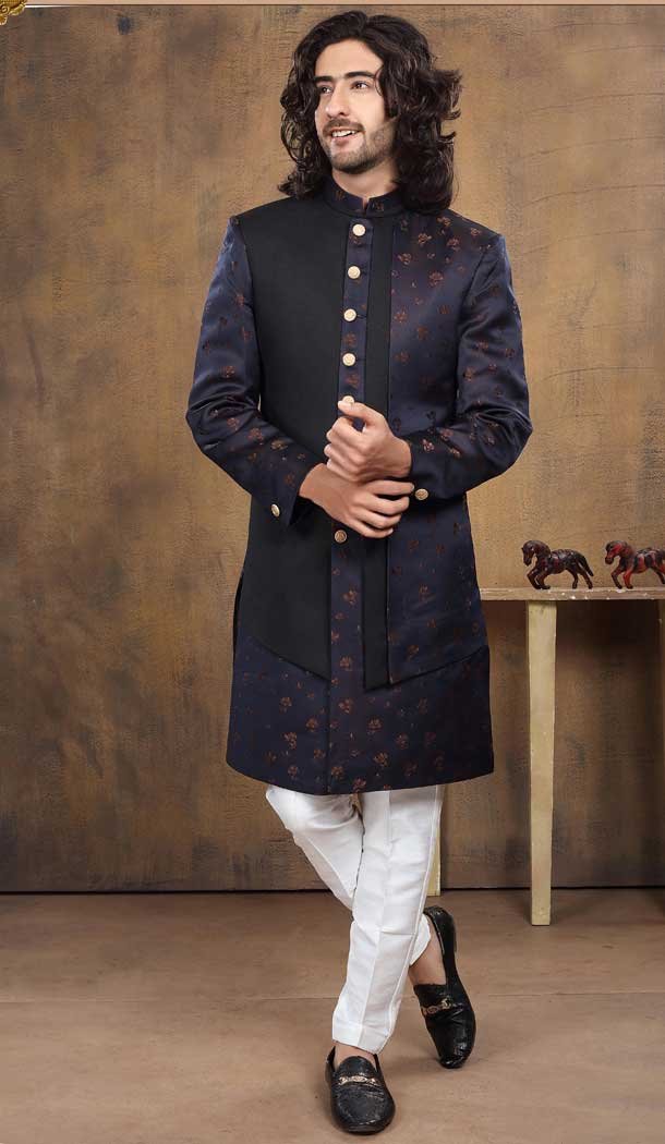 Imported Fabric Designer Readymade Men's Indo-Western in Navy Blue -6817172439