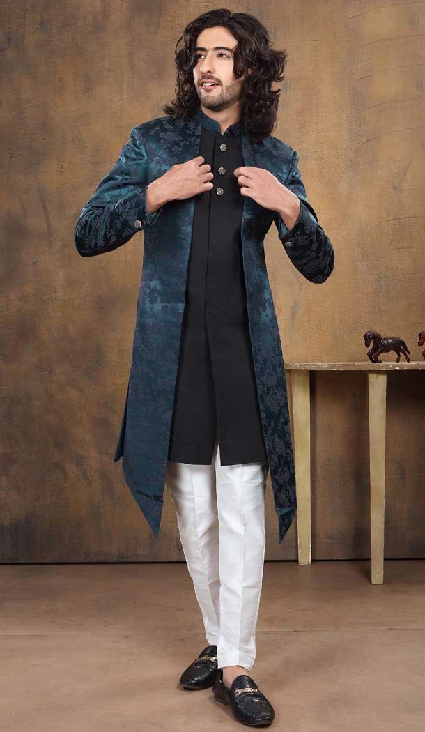 Imported Fabric Designer Readymade Men's Indo-Western in Black and Teal -6817172440
