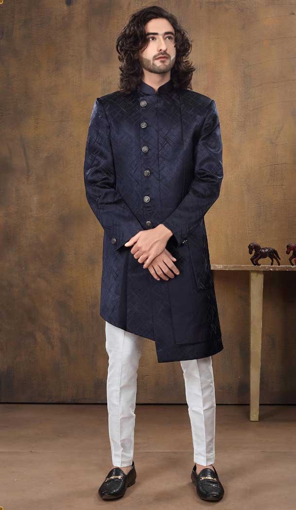 Imported Fabric Designer Readymade Men's Indo-Western in Navy Blue -6817172444