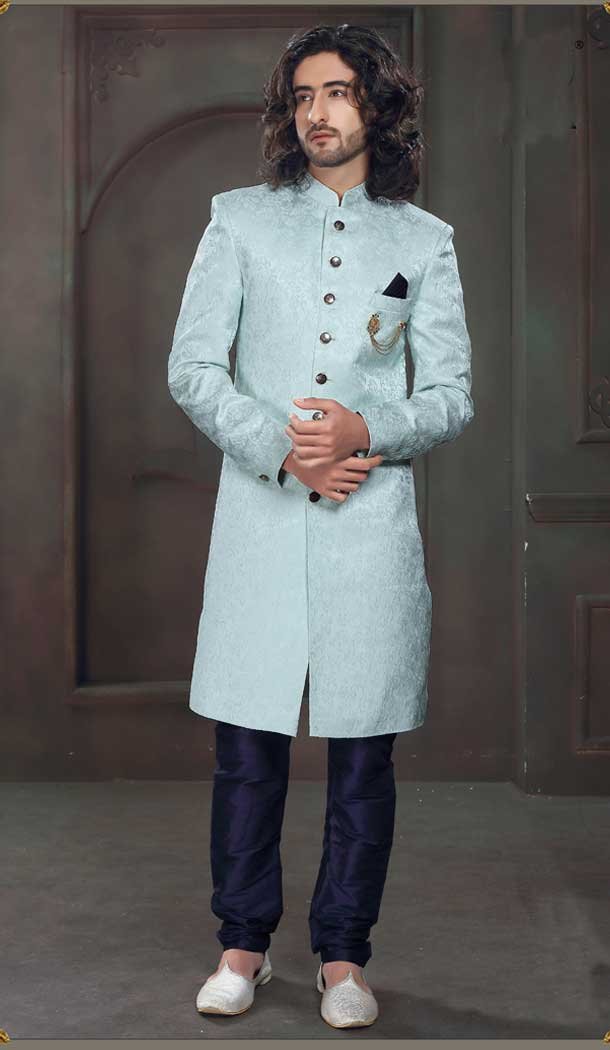 Imported Fabric Designer Readymade Men's Indo-Western in Sky Blue -6817172449
