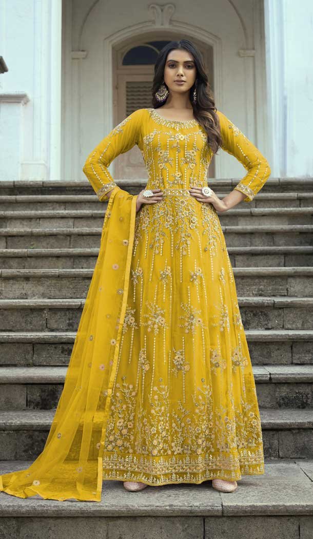 Heavy Butterfly Net Embroidery Work Party Wear Gown Dress in Yellow 6835172634 Heena Style
