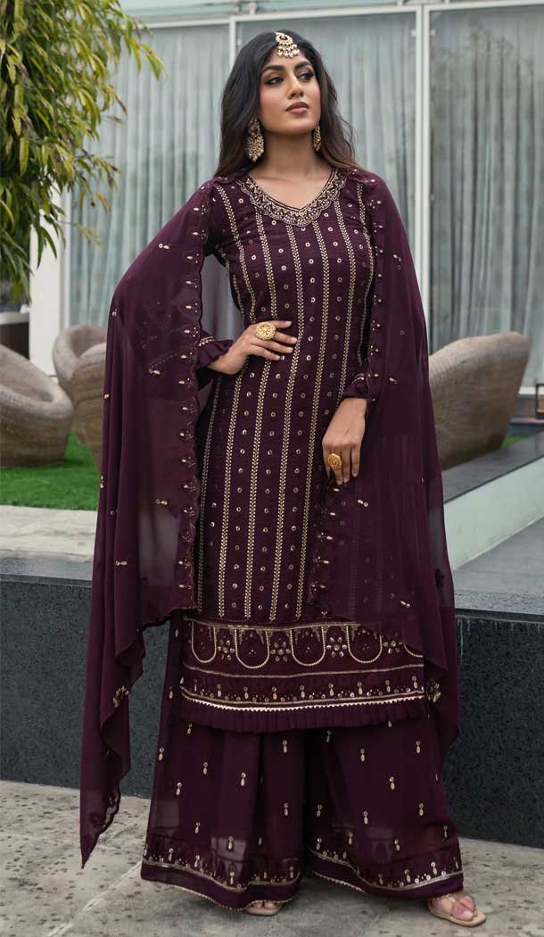 Function Wear Pakistani Style Embroidered Georgette Plazzo Suit in Wine -7002173741