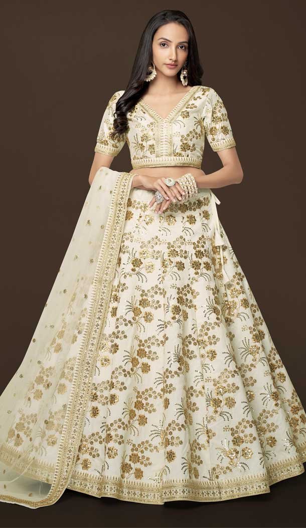 Zari Sequins Work Slub Silk Designer Party Wear Heavy Lehenga Choli in White -7036173912