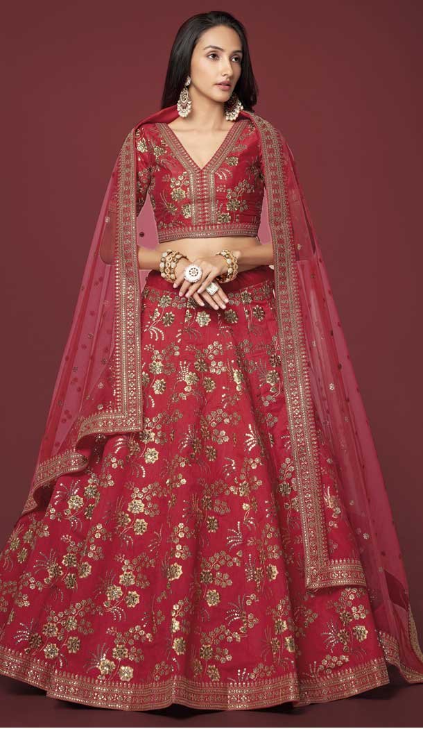 Zari Sequins Work Slub Silk Designer Party Wear Heavy Lehenga Choli in Red -7036173914