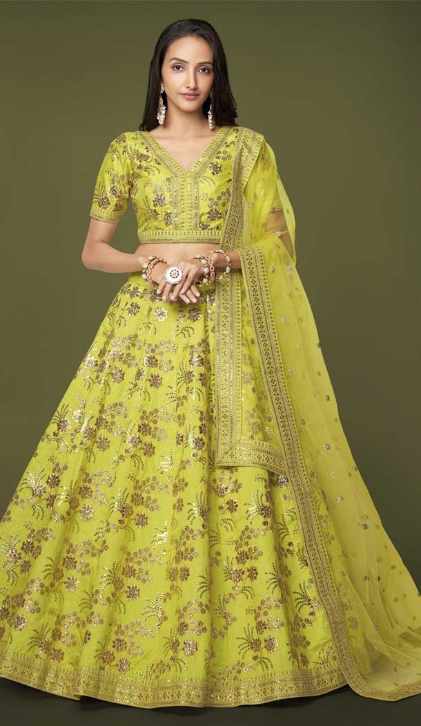 Zari Sequins Work Slub Silk Designer Party Wear Heavy Lehenga Choli in Neon -7036173915