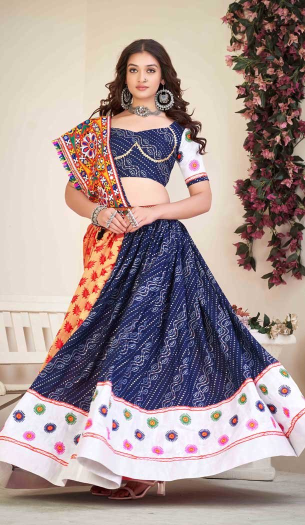 Navratri Occasion Cotton Silk Embroidery Work Lehenga Choli in Blue -7474176433