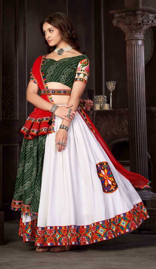 Navratri Occasion Cotton Silk Embroidery Work Lehenga Choli in Green -7474176436