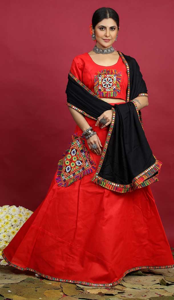 Navratri Special Occasion Cotton Thread Work Lehenga Choli in Red Color -7515176674