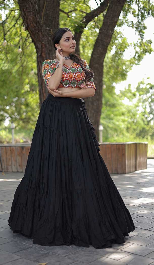 Navratri Special Occasion Reyon Embroidered Work Lehenga Choli in Black -7552176902