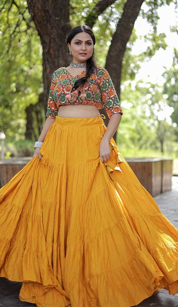 Navratri Special Occasion Rayon Embroidered Work Lehenga Choli in Mustard Yellow -7552176904