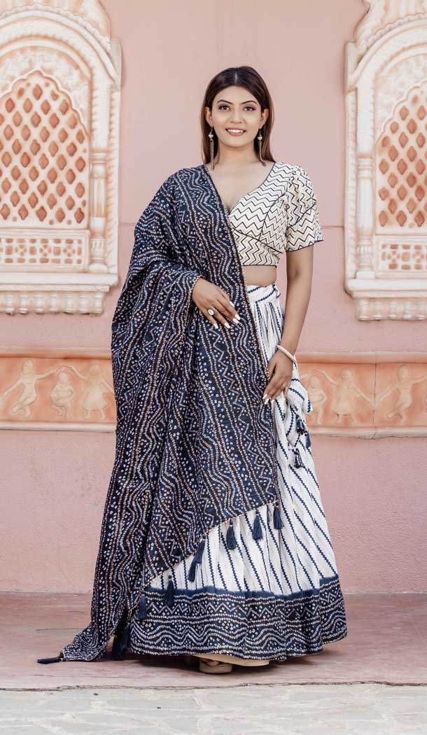 Soft Poly Cotton Bandhani Print Work White Color Party Wear Lehenga Choli - 7058174039
