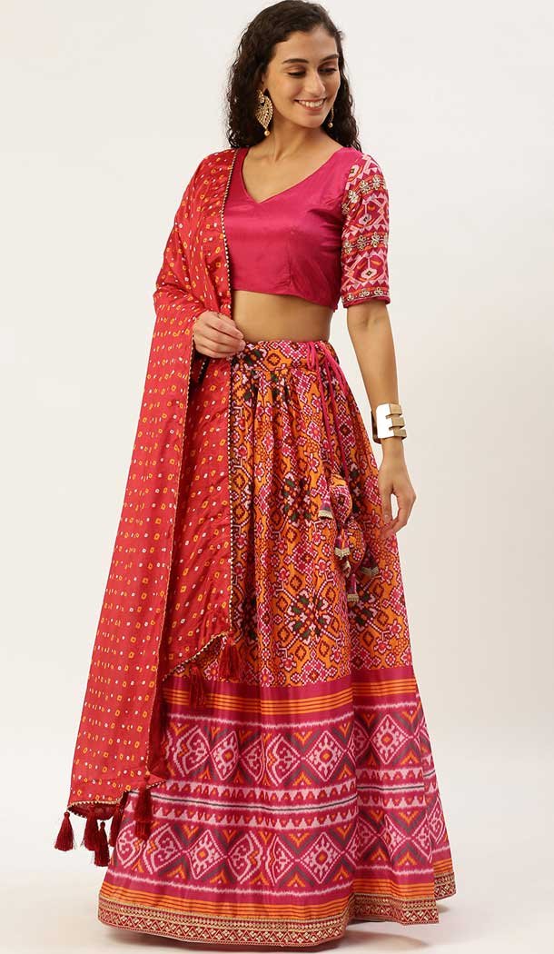 Multi Color Chinon Leheriya Patola Print Work Party Wear Designer Lehenga Choli - 7071174133