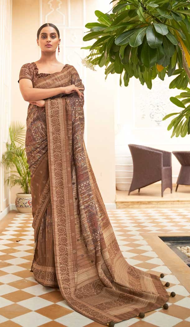 Brown Color Soft Khadi Silk Jacquard Work Function Wear Saree Blouse - 7083174211