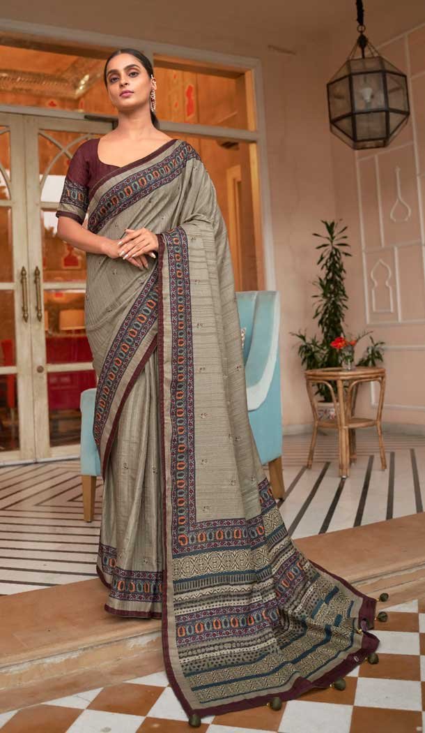 Grey Brown Color Soft Khadi Silk Jacquard Work Function Wear Saree Blouse - 7083174216