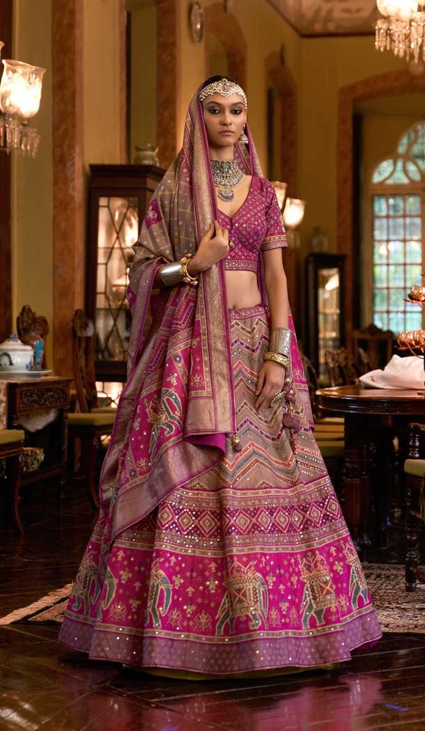 Wedding Wear Hot Pink Color Rajwadi Silk Sparkle Mirror Work Designer Lehenga Choli - 7108174330