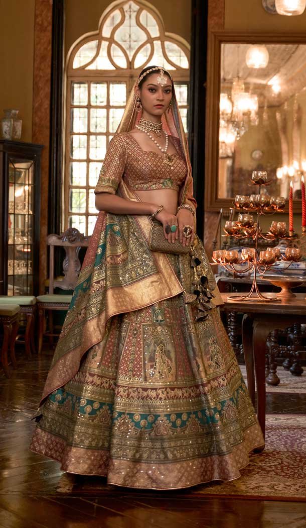 Brown Green Color Smooth Rajwadi Silk Sparkle Work Wedding Wear Designer Lehenga Choli - 710974332