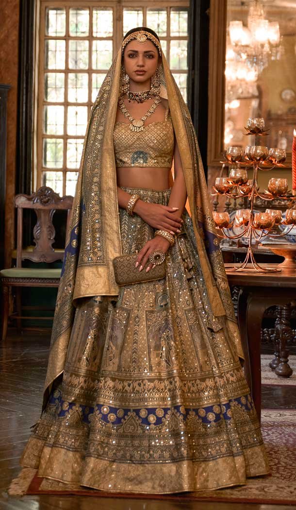 Blue And Beige Color Smooth Rajwadi Silk Sparkle Work Wedding Wear Designer Lehenga Choli - 710974334