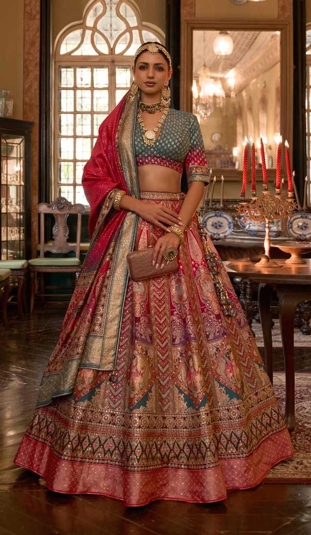 Multi Color Smooth Rajwadi Silk Sparkle Work Wedding Wear Designer Lehenga Choli - 710974335