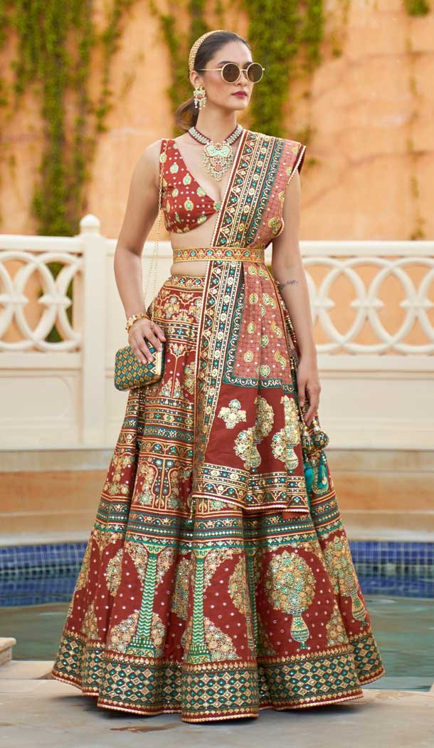 Function Wear Rajwadi Silk Maroon Color Mirror Work Designer Lehenga Choli - 7110174342
