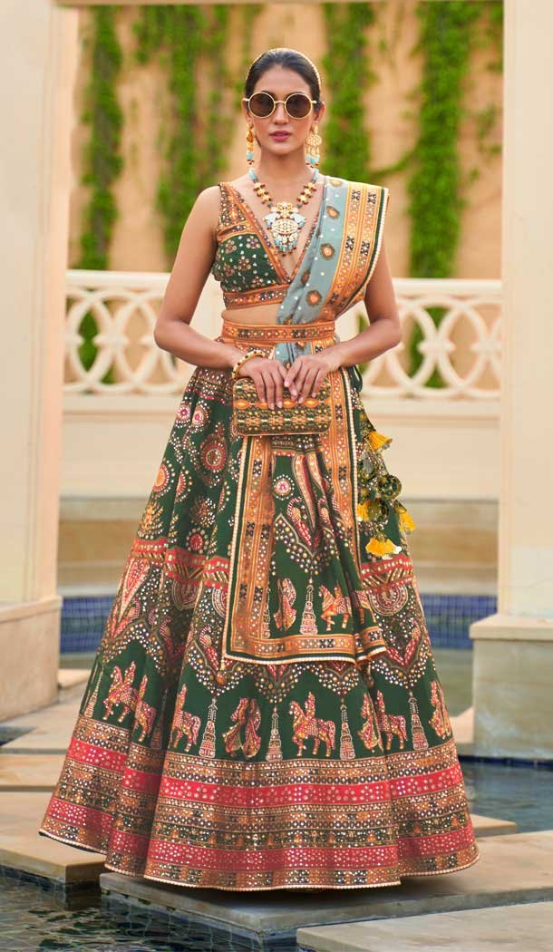 Function Wear Rajwadi Silk Green Color Mirror Work Designer Lehenga Choli - 7110174343