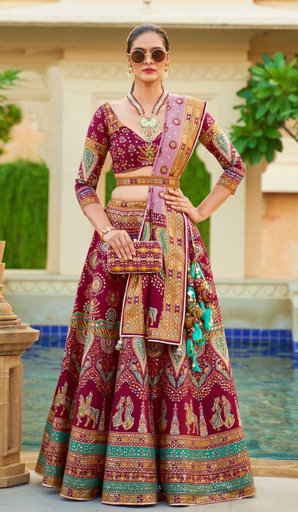 Function Wear Rajwadi Silk Burgundy Color Mirror Work Designer Lehenga Choli - 7110174346