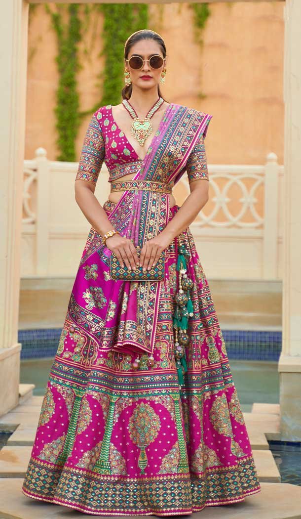 Pink Color Function Wear Rajwadi Silk Mirror Work Designer Lehenga Choli - 7110174347