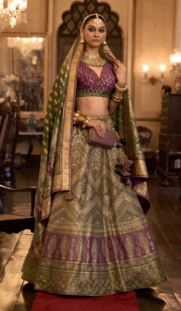 Rajwadi Silk Wedding Wear Purple Color Aari Mirror Work Designer Lehenga Choli - 7111174353