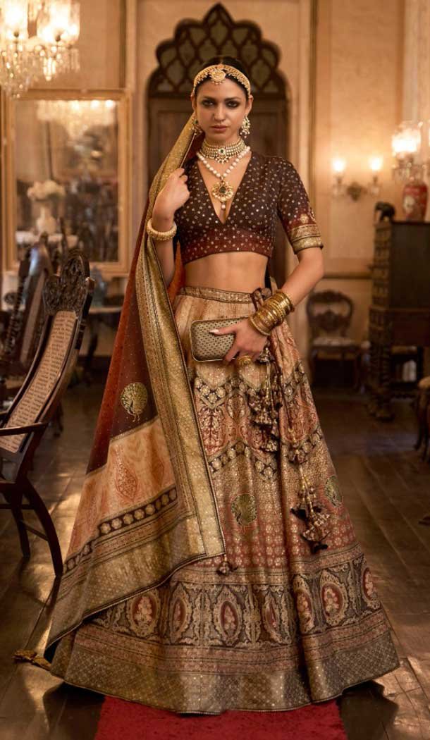 Wedding Wear Rajwadi Silk Brown Color Aari Mirror Work Designer Lehenga Choli - 7111174354