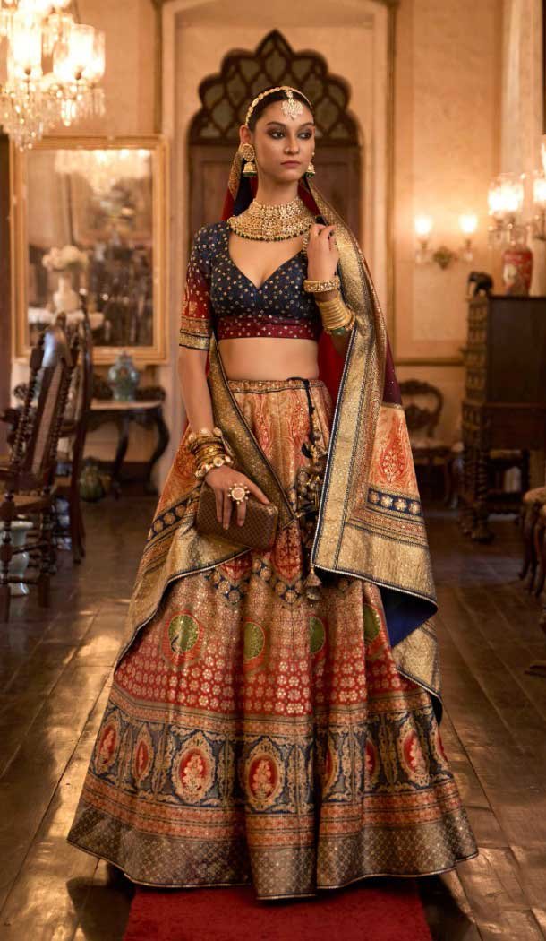 Rajwadi Silk Wedding Wear Multi Color Aari Mirror Work Designer Lehenga Choli - 7111174356