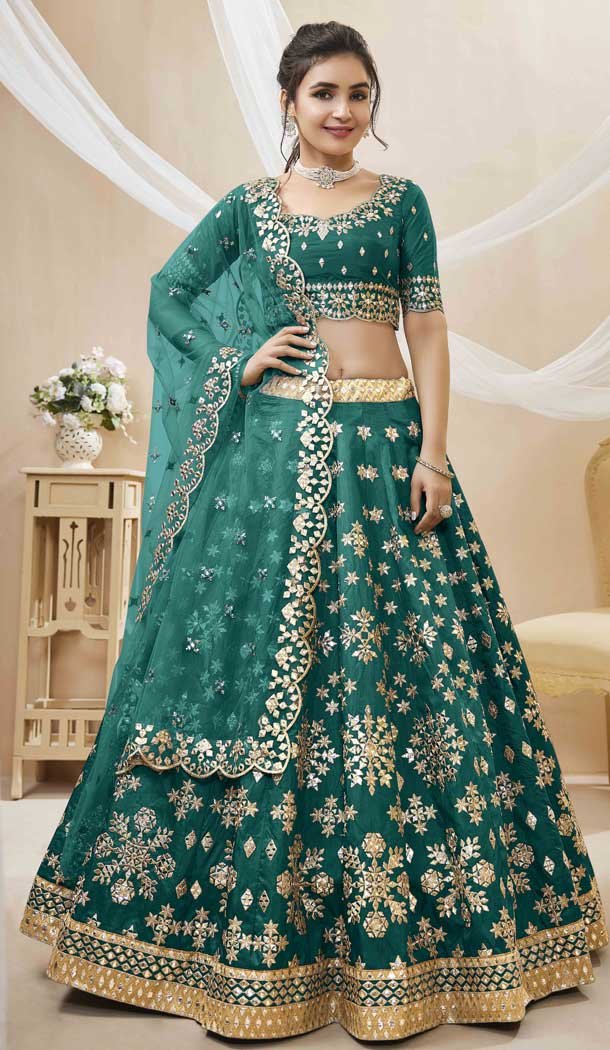 Wedding Wear Art Silk Embroidery Work Designer Heavy Lehenga Choli In Green Color - 7130174443