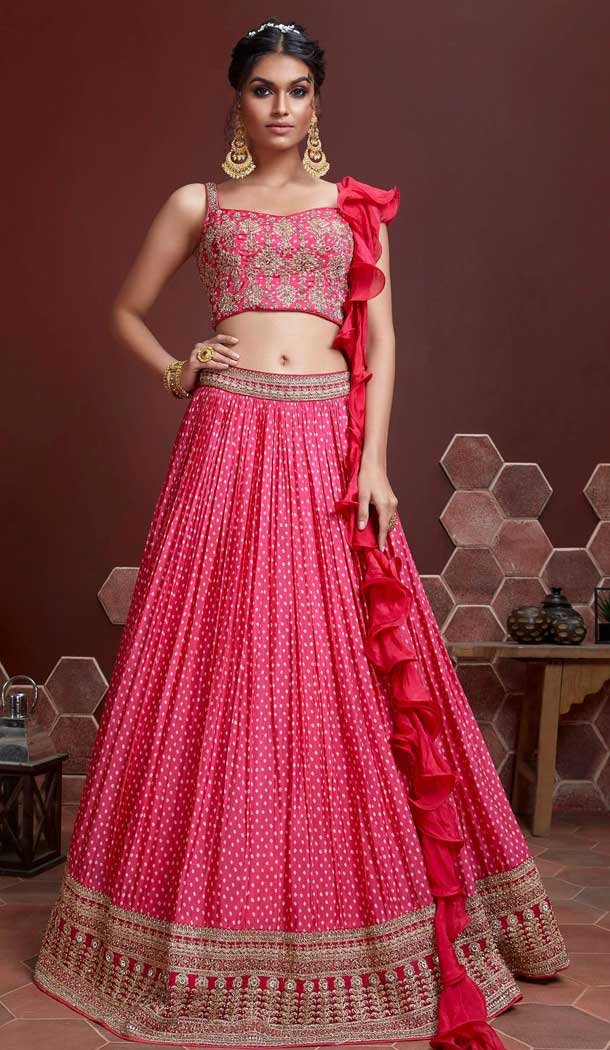Pink Color Chinon Silk Heavy Embroidery Wedding Wear Designer Lehenga Choli - 7132174454