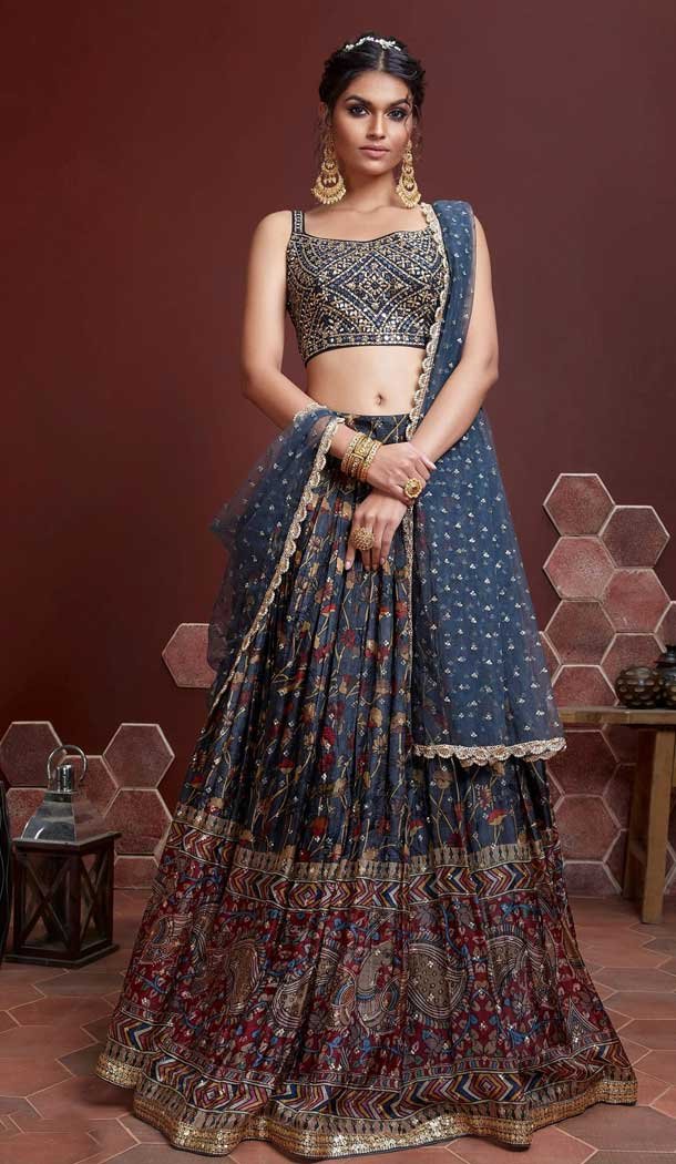 Blue Color Chinon Silk Heavy Embroidery Wedding Wear Designer Lehenga Choli - 7132174455