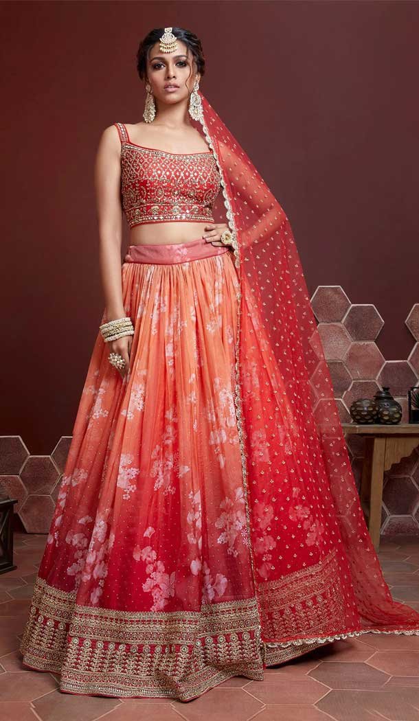 Orange Color Organza Silk Heavy Embroidery Wedding Wear Designer Lehenga Choli - 7132174456