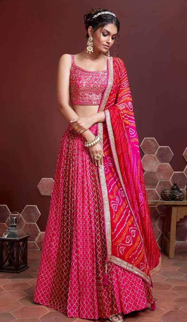 Chinon Silk Pink Color Heavy Embroidery Wedding Wear Designer Lehenga Choli - 7132174458