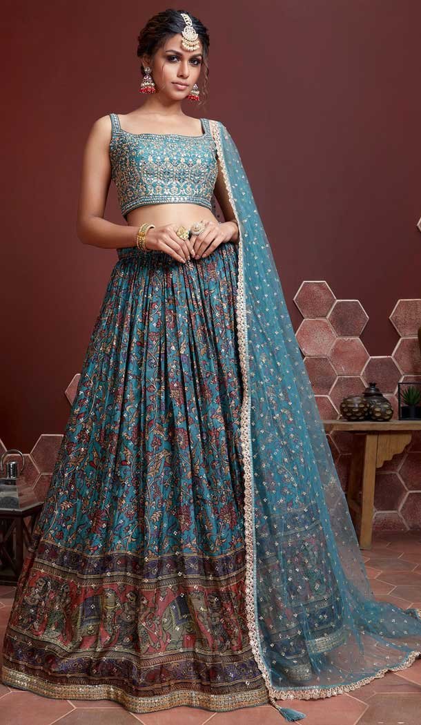 Sky Blue Color Chinon Silk Heavy Embroidery Wedding Wear Designer Lehenga Choli - 7132174459
