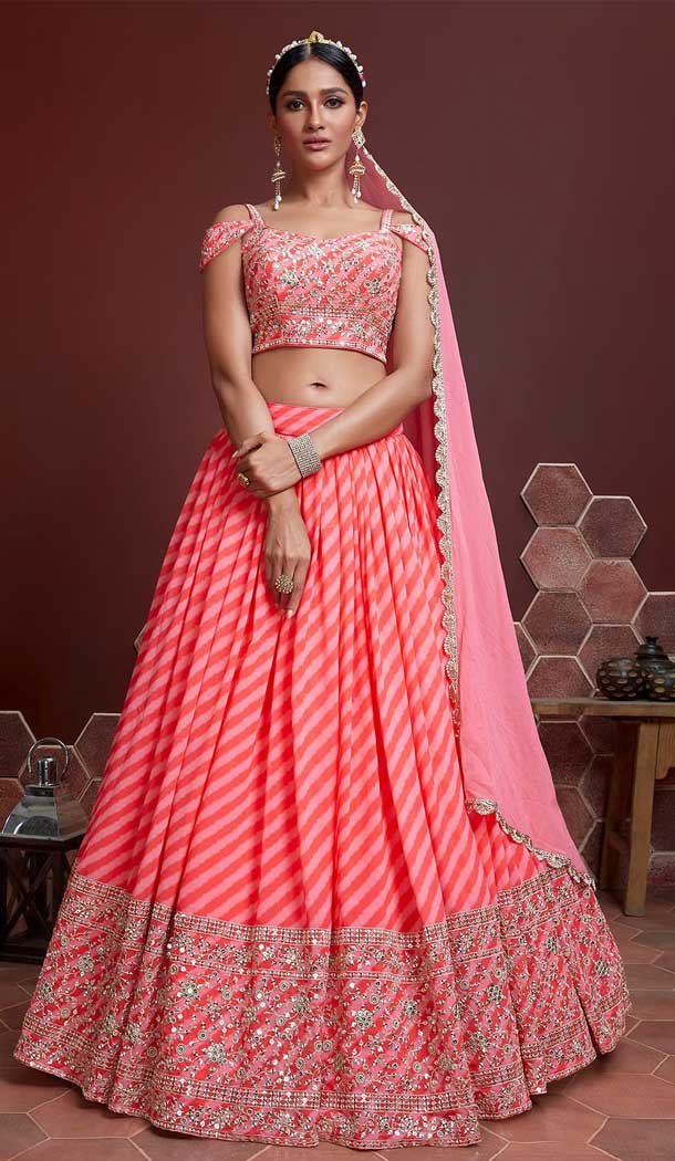 Peach Color Organza Silk Heavy Embroidery Wedding Wear Designer Lehenga Choli - 7132174460