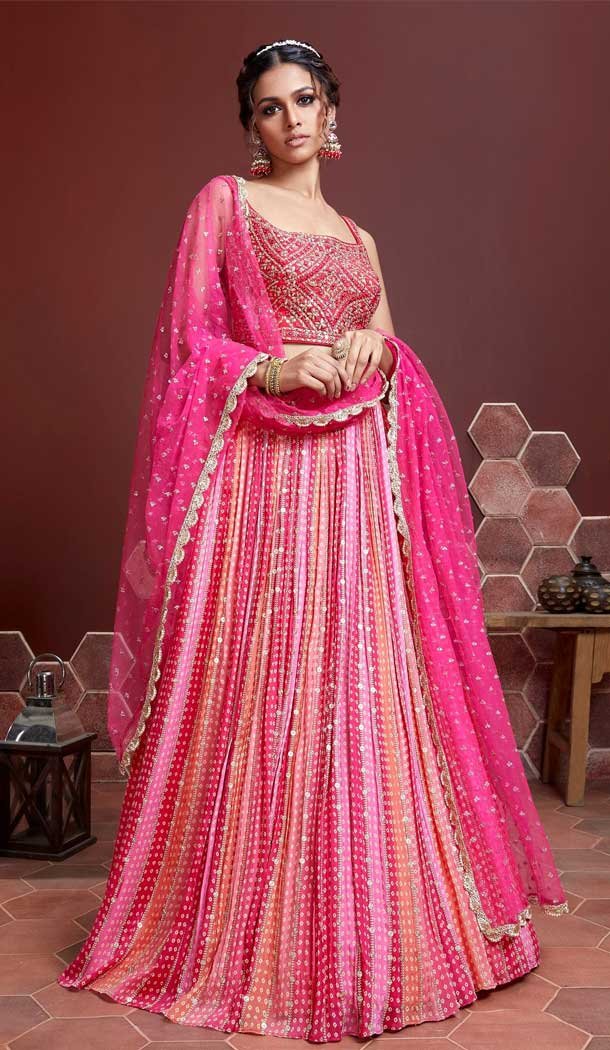 Pink Color Pure Chinon Silk Heavy Embroidery Wedding Wear Designer Lehenga Choli - 7132174461