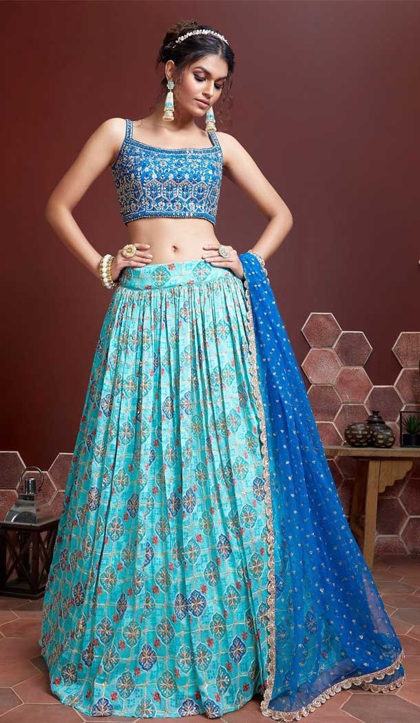 Sky Blue Color Pure Chinon Silk Heavy Embroidery Wedding Wear Designer Lehenga Choli - 7132174462