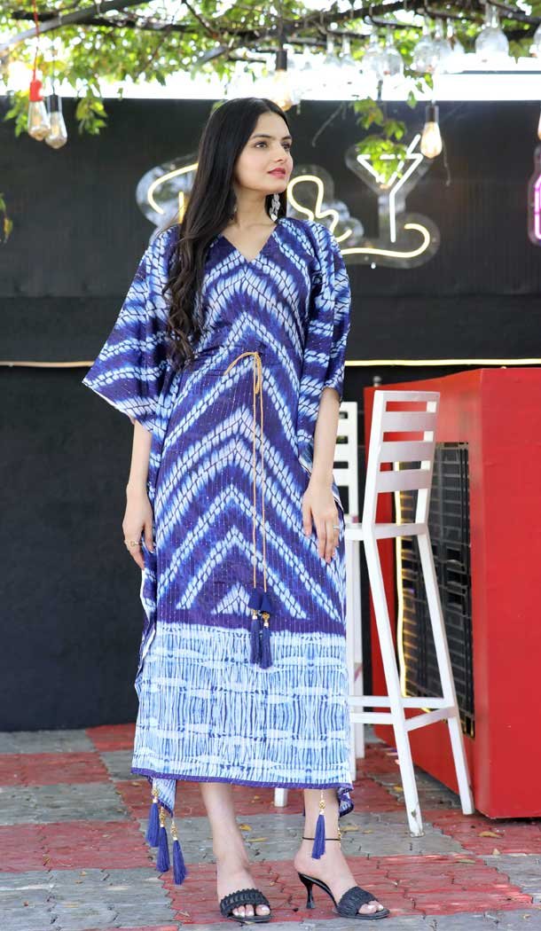 Festival Wear Chinon Crochet Digital Print Work Readymade Kaftan In Blue - 7172174692