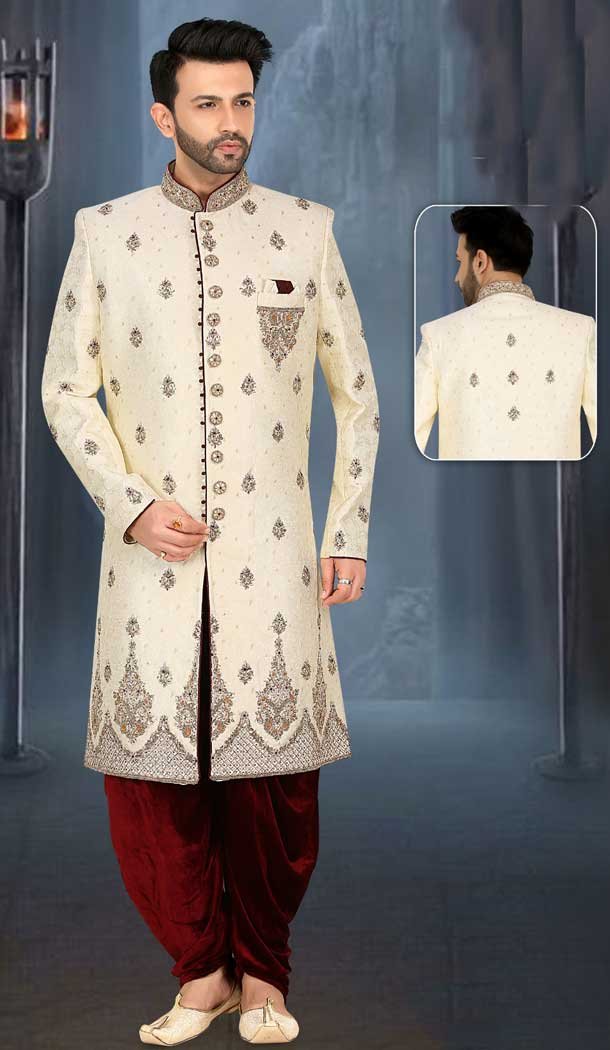 The Perfect Blend of Tradition Wearing our Ethnic Cream Plus Size Banarasi Wedding Sherwani for Men -7917179026