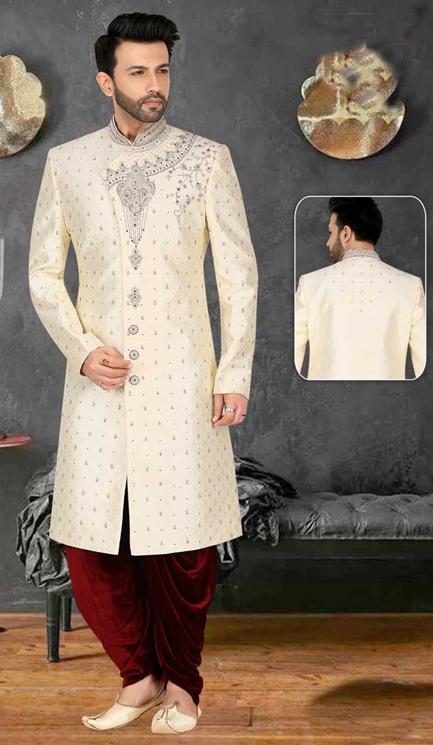 Tailored for Royalty: Embrace the Grandeur of Your Wedding with our Exquisite Cream Plus Size Sherwani for Men -7917179027