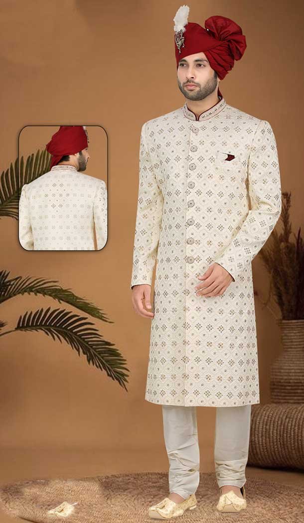 Unleash your inner royal with our Cream Hand Work Sherwani - A timeless masterpiece for the groom -7916178999
