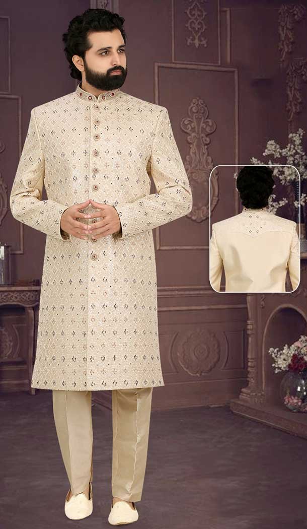 Unleash Your Inner Maharaja with this Regal Cream Sherwani - Perfect for Weddings and Special Occasions -7916179003
