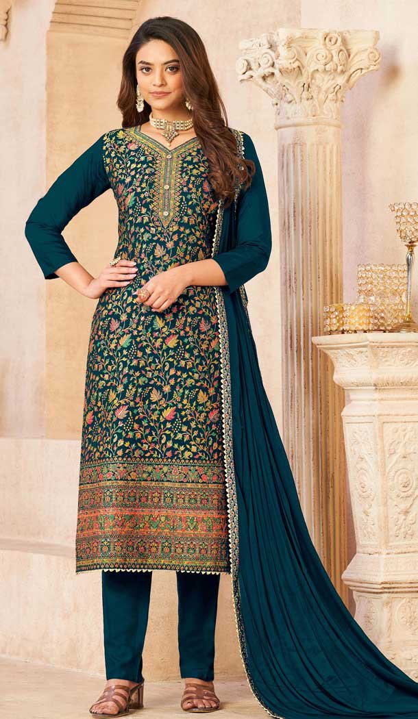 Designer Festival Wear Dola Jacquard Diamond Work Pakistani Salwar Suit In Rama Color - 7234175021