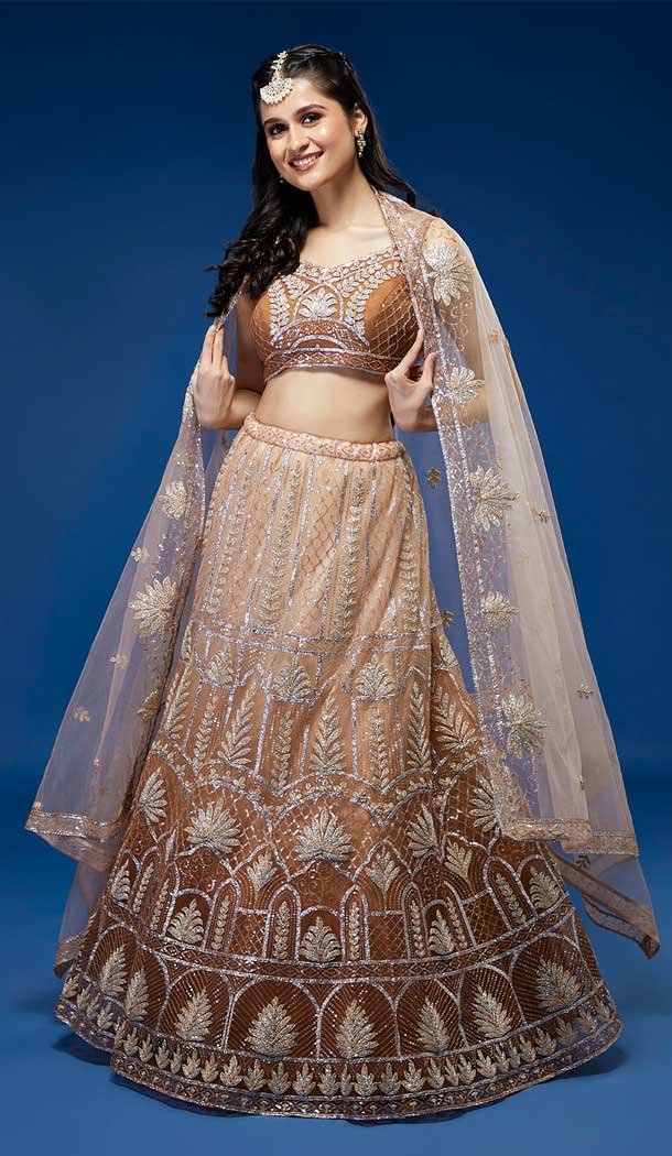 Rust Color Net Sequins And Zari Work Designer Party Wear Lehenga Choli - 7267175178