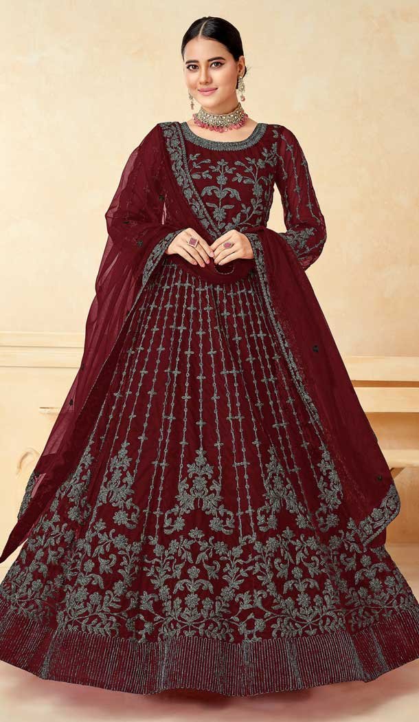 Party Wear Maroon Color Net Sequence Embroidery Work Heavy Salwar Suit - 7274175215