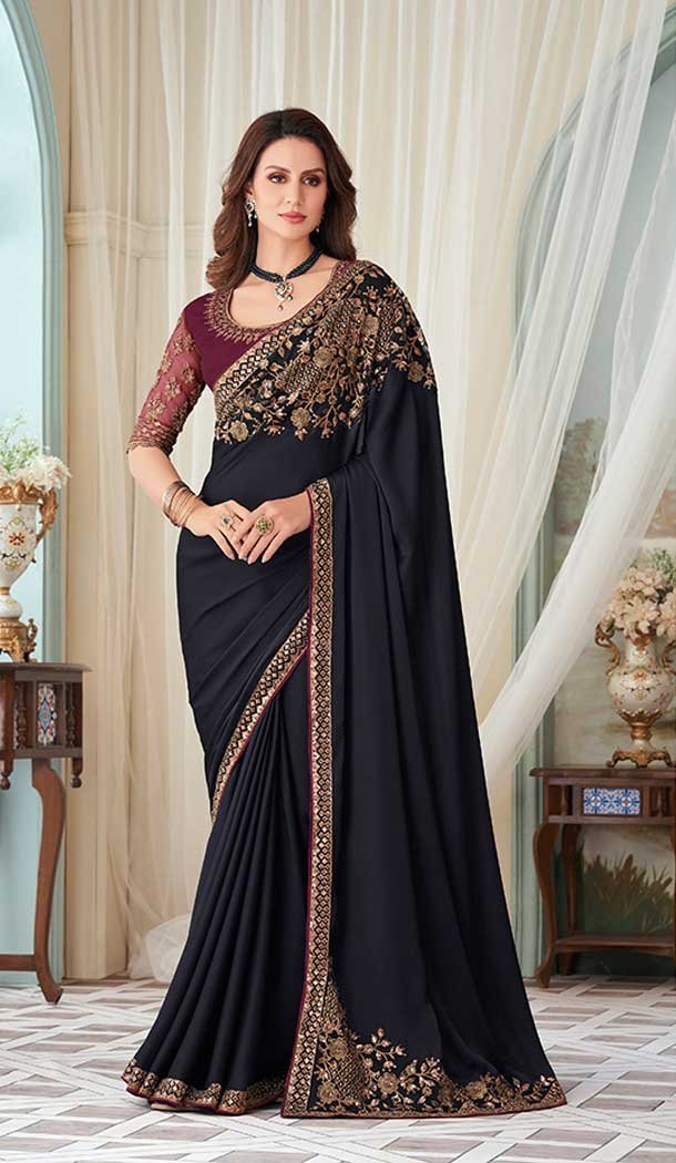 Black Color Milano Silk Jacquard Work Party Function Wear Saree - 7246175077