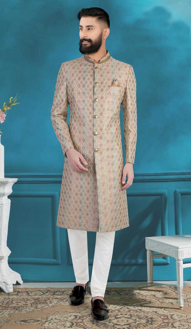 Faun Color Brocade Resham And Sequins Work Wedding Wear Designer Men's Sherwani - 7277175230